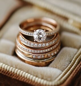 An elegant set of stacked wedding rings, featuring mixed metal bands and sparkling diamonds, resting on a soft velvet jewelry box, symbolizing a personal love story.