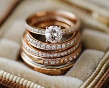 An elegant set of stacked wedding rings, featuring mixed metal bands and sparkling diamonds, resting on a soft velvet jewelry box, symbolizing a personal love story.