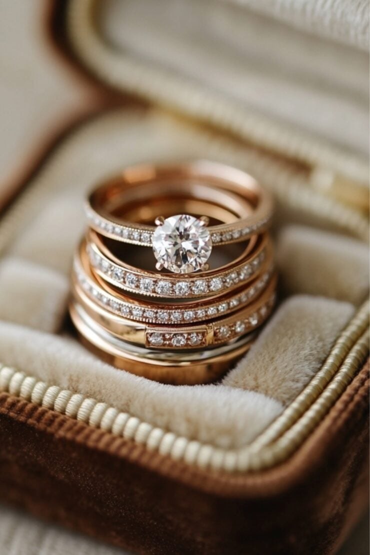 An elegant set of stacked wedding rings, featuring mixed metal bands and sparkling diamonds, resting on a soft velvet jewelry box, symbolizing a personal love story.