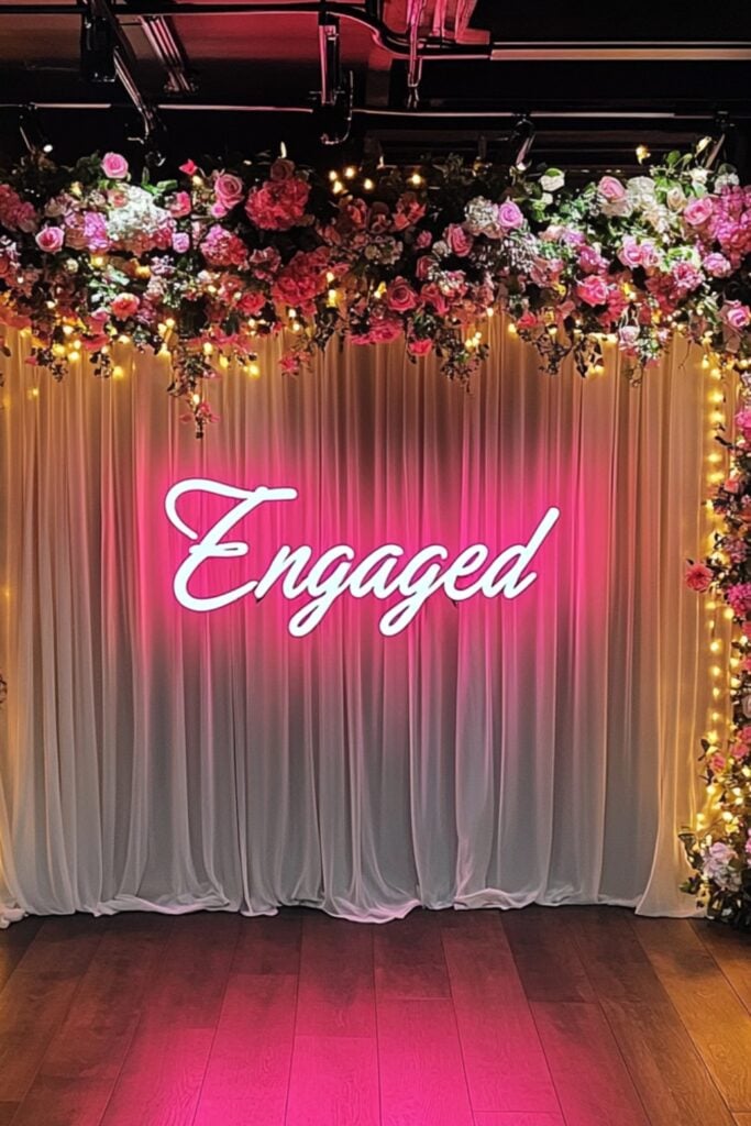 A dramatic flower wall with neon "Engaged" signage, surrounded by fairy lights and decorative drapes, providing a picture-perfect photo area.