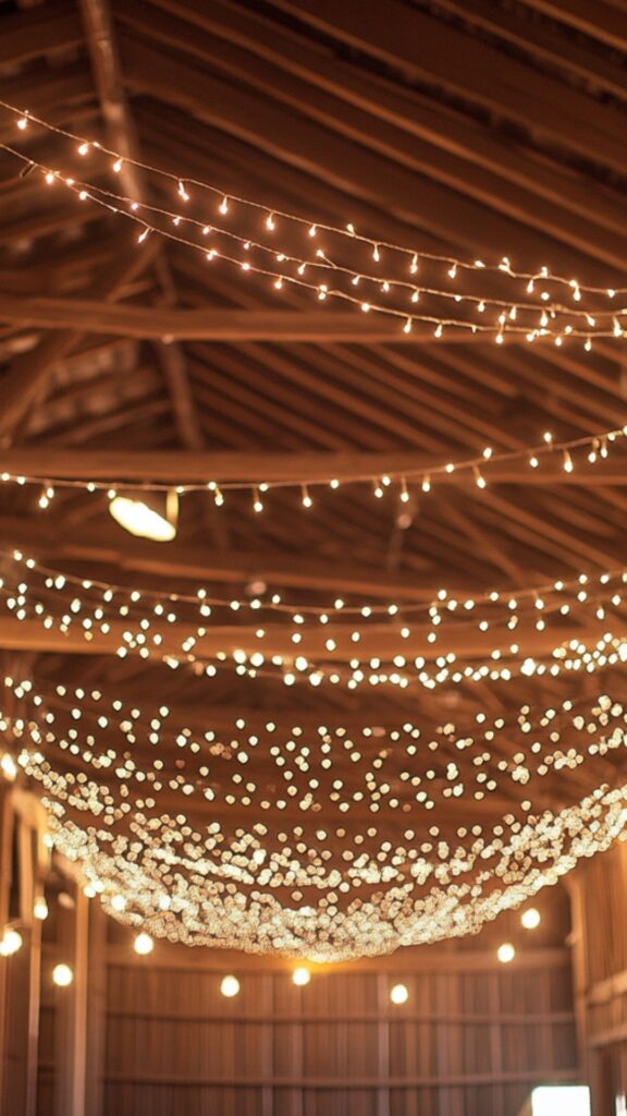 Whimsical string lights draped across a barn ceiling, enhancing the rustic wedding ambiance with a soft and magical glow.