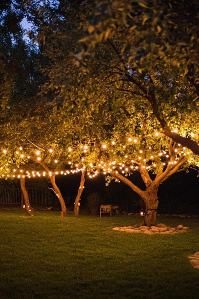 Backyard wedding with string lights hanging from trees, creating a warm, romantic glow in an outdoor evening setting.