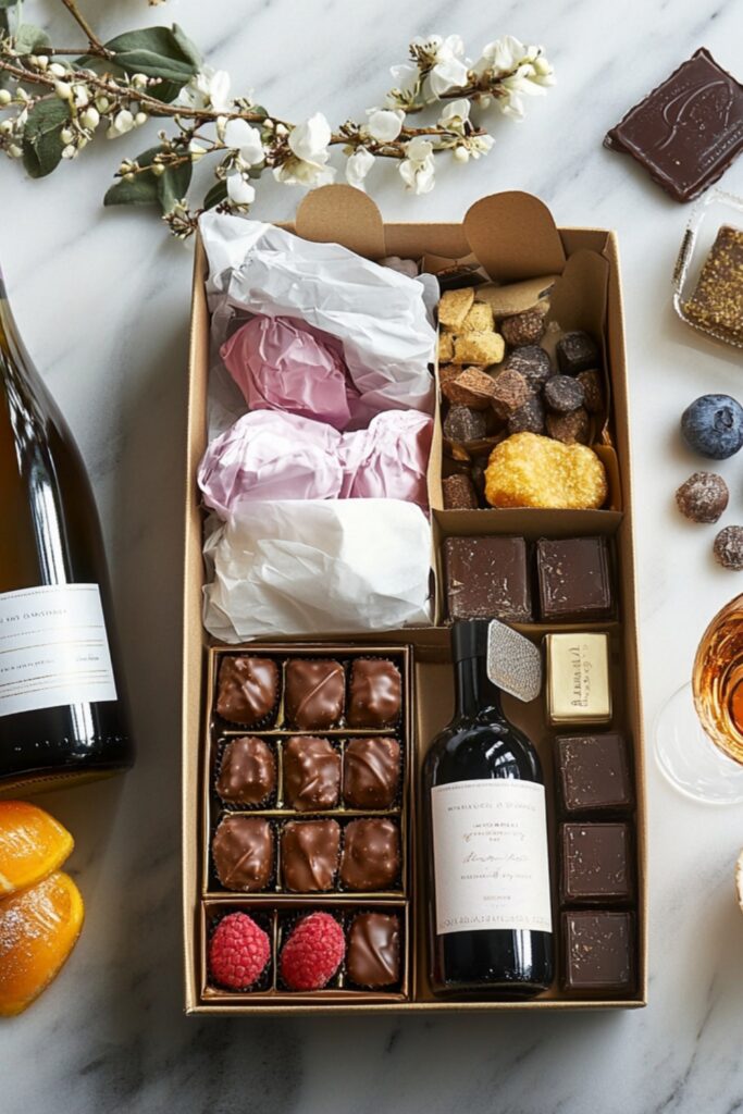 A subscription box filled with gourmet treats, including chocolates, a wine bottle, and a self-care kit, elegantly arranged with tissue paper.