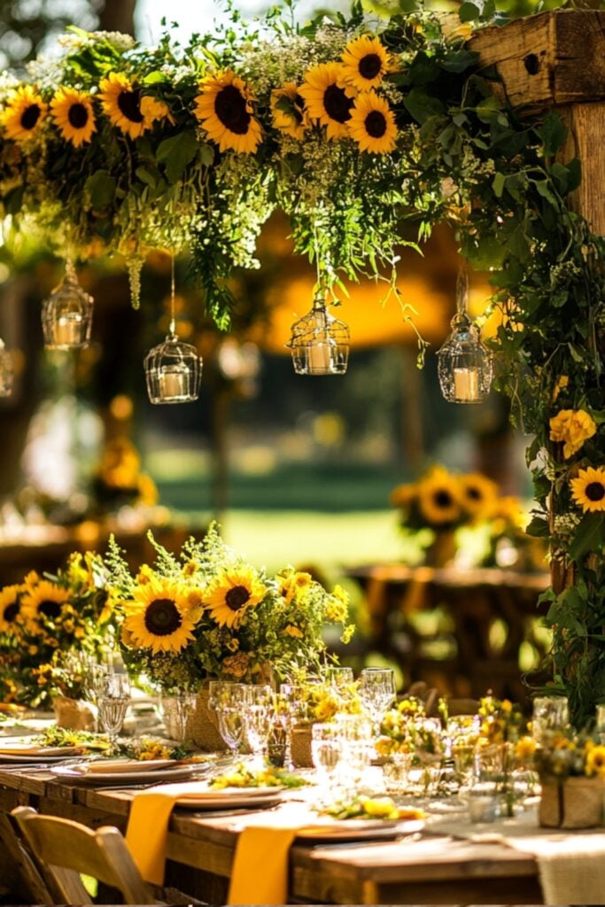Vibrant summer rustic wedding setup with sunflower-adorned wooden arches, burlap tablecloths, and hanging floral arrangements for a bright and cheerful vibe.