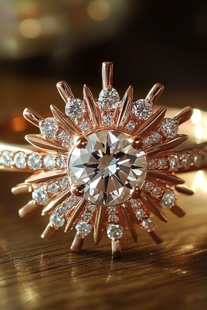 Sunburst wedding ring with radiant diamond arrangements mimicking sun rays, set in a rose gold band.