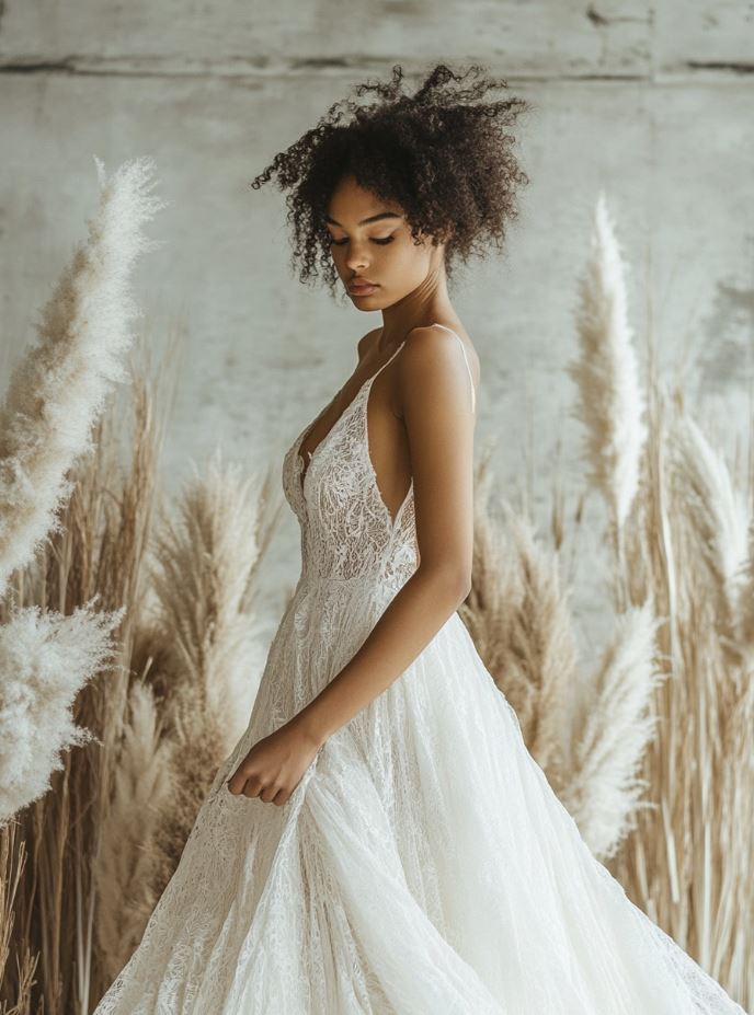 A wedding dress made from eco-friendly fabrics such as organic cotton, recycled materials, or sustainable lace. The gown reflects the bride's commitment to sustainability while maintaining beauty and quality. The trend promotes ethical production practices and environmentally conscious choices, allowing the bride to have a stunning wedding day while supporting the planet.
