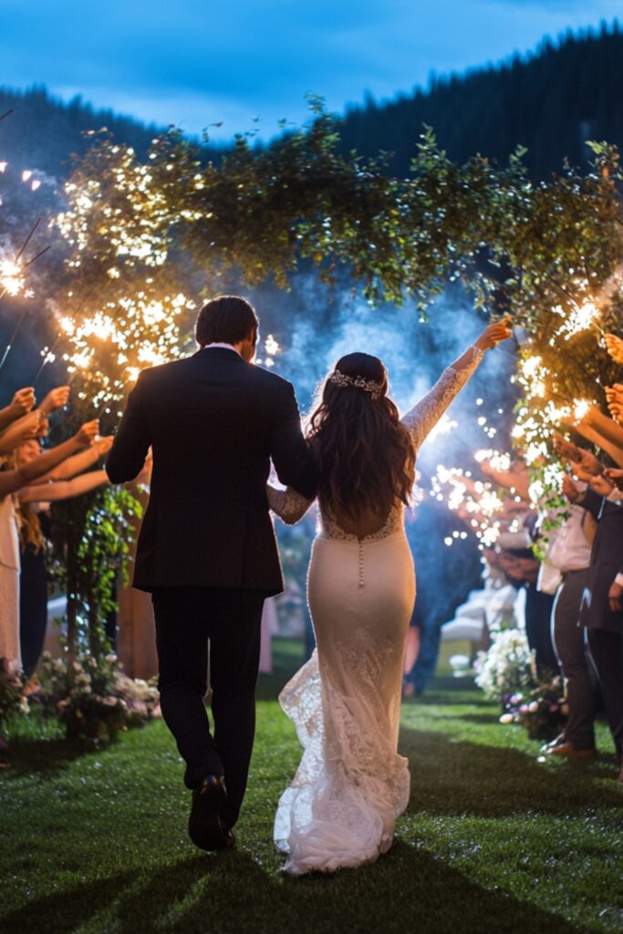 Newlyweds leaving their backyard wedding ceremony under a canopy of sparklers held by cheering guests at night.
