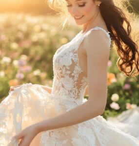 A bride twirls in a soft lace wedding dress with floral appliqués, surrounded by pastel-colored spring blooms and a dreamy, golden sunset in the background.