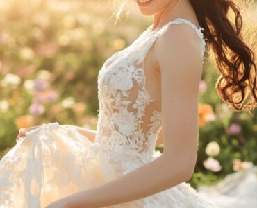 A bride twirls in a soft lace wedding dress with floral appliqués, surrounded by pastel-colored spring blooms and a dreamy, golden sunset in the background.