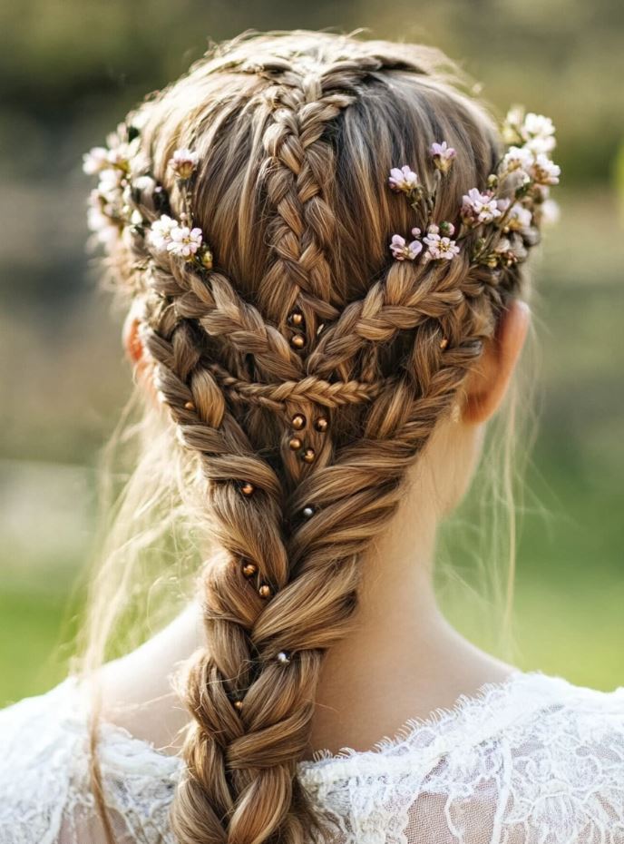 A regal Viking halo braid hairstyle that wraps around the head, showcasing intricate braids with delicate beads and flowers, symbolizing Viking heritage.