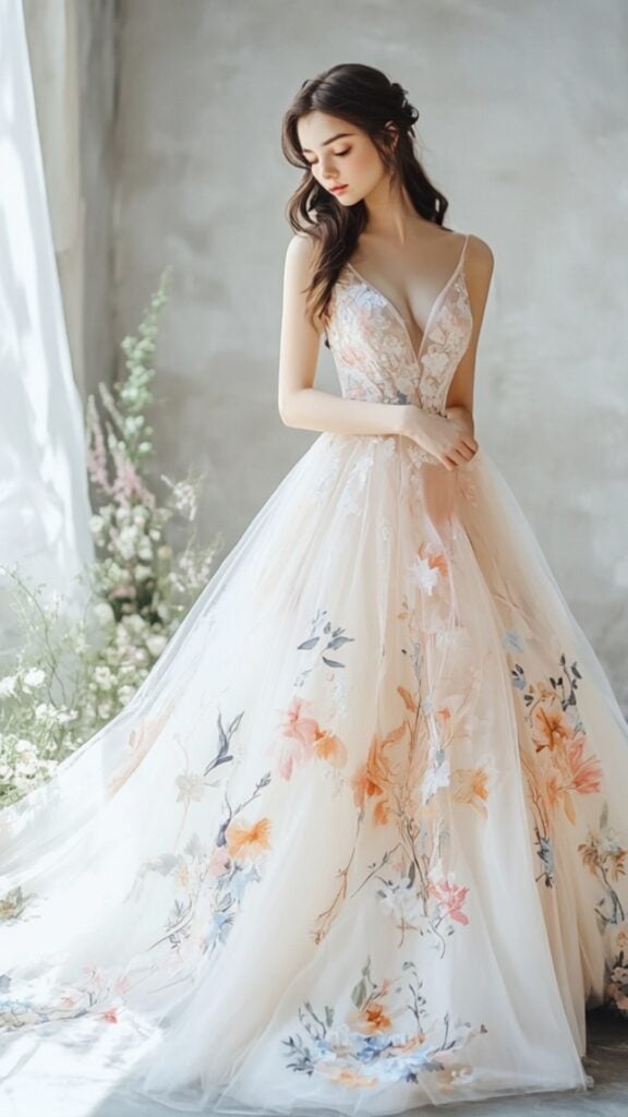 A soft tulle wedding dress hand-painted with pastel watercolor floral patterns. Subtle embroidery and a flowing skirt bring a dreamy, romantic touch to the design.