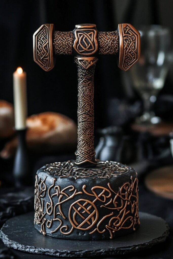 A striking Thor’s Hammer (Mjölnir) cake topper, crafted in metallic detail with Norse runic engravings, symbolizing strength and blessings.