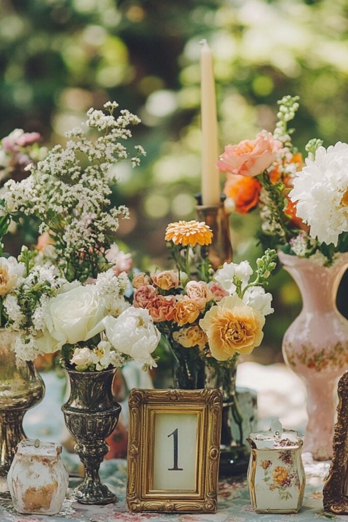 Vintage wedding decorations, including mismatched vases with flowers, antique candle holders, and framed table numbers.