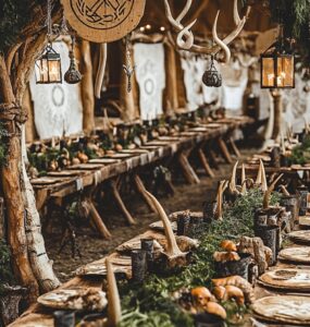 A captivating Viking wedding setup featuring a rustic wooden arch with runes, a long feast table with horn accents, Nordic lanterns, antler centerpieces, and runestone-inspired signage, blending history and romance for a magical celebration.