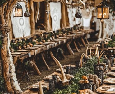 A captivating Viking wedding setup featuring a rustic wooden arch with runes, a long feast table with horn accents, Nordic lanterns, antler centerpieces, and runestone-inspired signage, blending history and romance for a magical celebration.