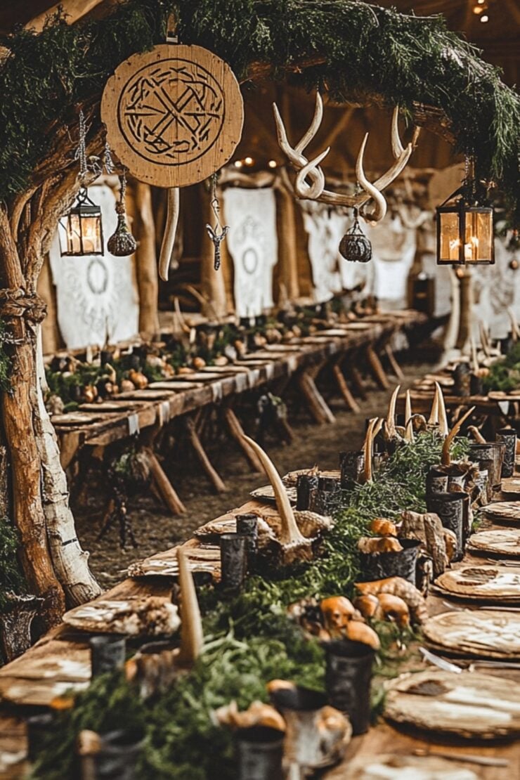 A captivating Viking wedding setup featuring a rustic wooden arch with runes, a long feast table with horn accents, Nordic lanterns, antler centerpieces, and runestone-inspired signage, blending history and romance for a magical celebration.