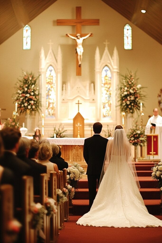 A classic church ceremony with soft lighting, traditional hymns, and meaningful readings, creating a reverent and elegant atmosphere.