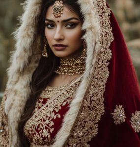 Image of a bride wearing a traditional Indian Viking wedding dress, featuring a red sari with gold embroidery and a fur-lined Viking cape, symbolizing a fusion of Indian artistry and Viking tradition.