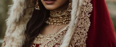 Image of a bride wearing a traditional Indian Viking wedding dress, featuring a red sari with gold embroidery and a fur-lined Viking cape, symbolizing a fusion of Indian artistry and Viking tradition.