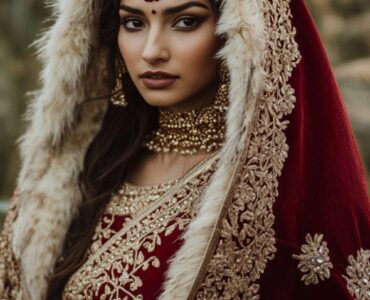 Image of a bride wearing a traditional Indian Viking wedding dress, featuring a red sari with gold embroidery and a fur-lined Viking cape, symbolizing a fusion of Indian artistry and Viking tradition.