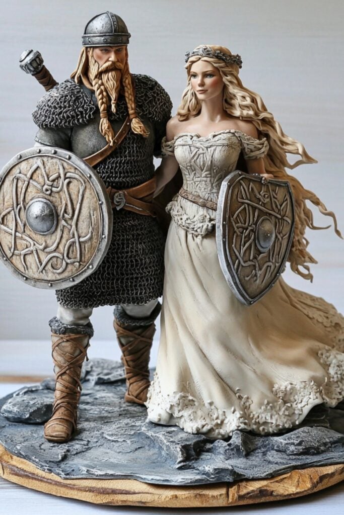 A beautifully detailed Viking couple cake topper featuring a warrior groom with a shield and helmet, standing beside a shield-maiden bride in flowing attire.
