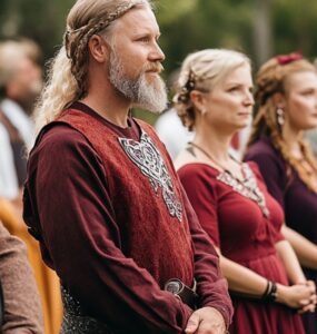 Group of guests dressed in traditional Viking wedding attire, featuring tunics, gowns, and Norse-inspired accessories, attending an outdoor Viking-themed ceremony.