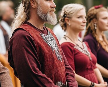 Group of guests dressed in traditional Viking wedding attire, featuring tunics, gowns, and Norse-inspired accessories, attending an outdoor Viking-themed ceremony.
