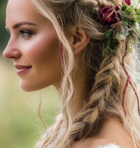 Close-up of a bride with traditional Viking wedding hair featuring intricate braids and natural waves, showcasing a blend of strength, beauty, and Nordic heritage in an outdoor wedding setting.