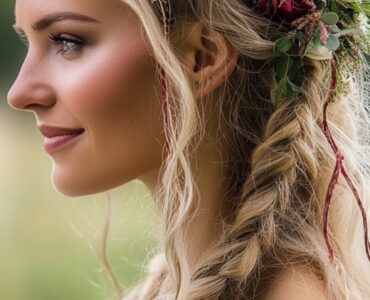 Close-up of a bride with traditional Viking wedding hair featuring intricate braids and natural waves, showcasing a blend of strength, beauty, and Nordic heritage in an outdoor wedding setting.