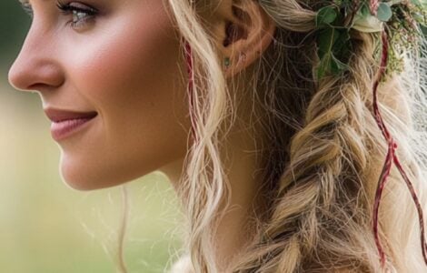 Close-up of a bride with traditional Viking wedding hair featuring intricate braids and natural waves, showcasing a blend of strength, beauty, and Nordic heritage in an outdoor wedding setting.