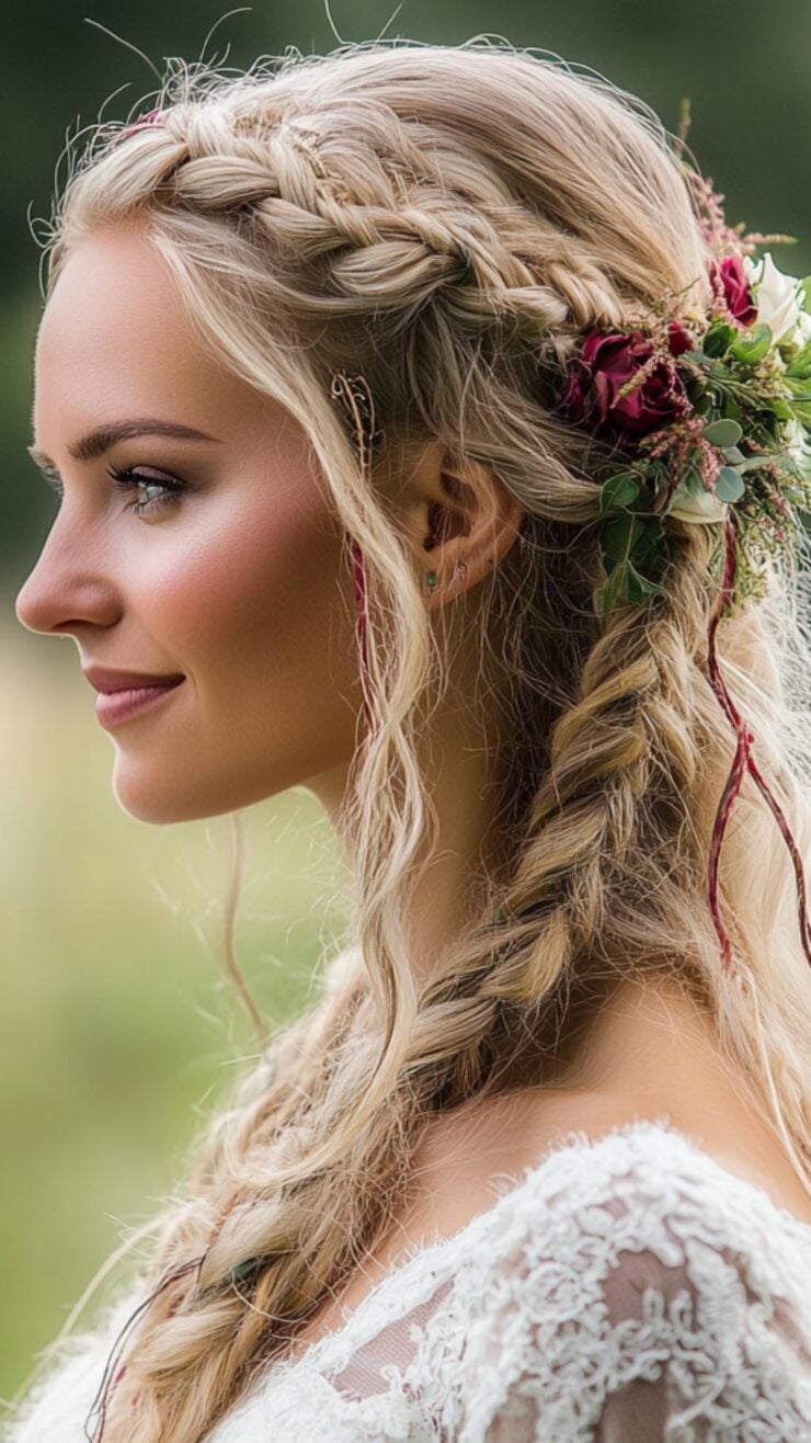 Close-up of a bride with traditional Viking wedding hair featuring intricate braids and natural waves, showcasing a blend of strength, beauty, and Nordic heritage in an outdoor wedding setting.