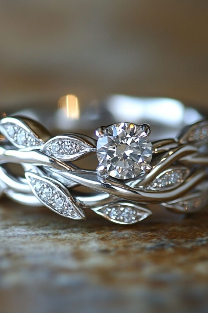Twisted vine diamond wedding ring with interwoven bands accented with small diamonds in a silver setting.