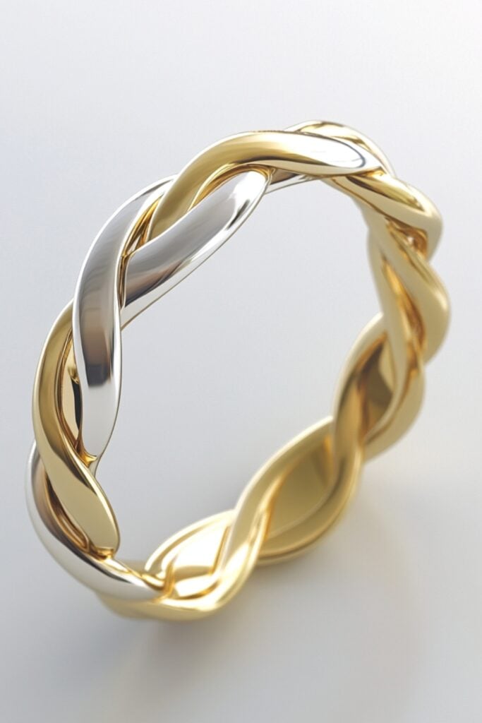 A two-tone wedding ring with intertwined yellow and white gold bands, creating a unique and harmonious design.