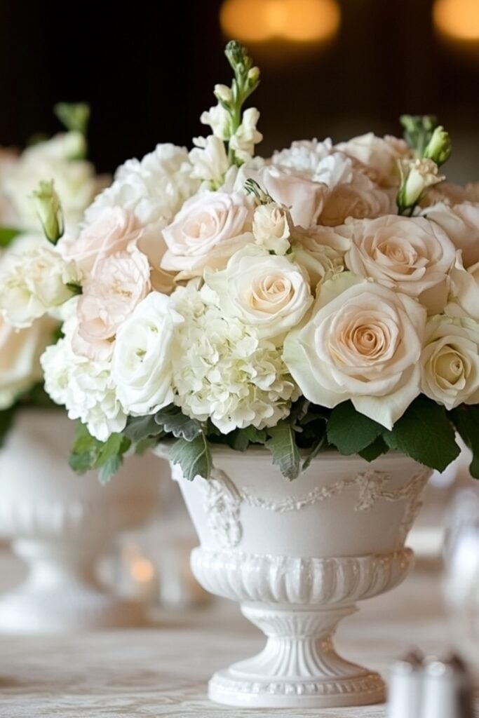 Compact floral arrangements with white and blush roses in traditional vases, enhancing a wedding table’s classic elegance.