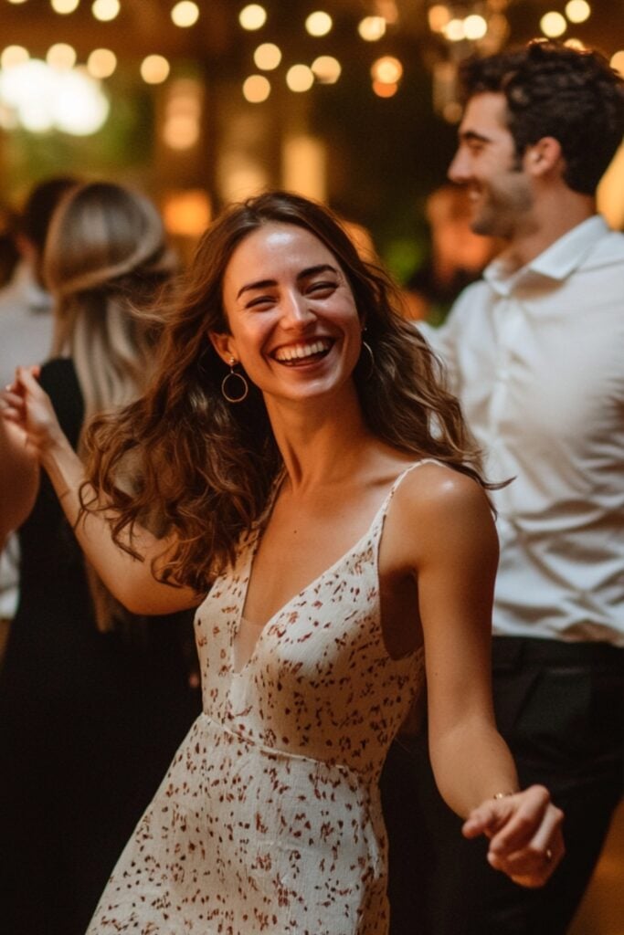  A wedding reception with guests dancing to a curated playlist, with a sound system set up in the background.
