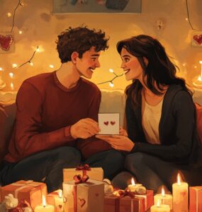 An intimate scene of a couple sitting together on a cozy couch, surrounded by candles and gift boxes, exchanging smiles and holding hands, with a Valentine’s Day card on the table in front of them.