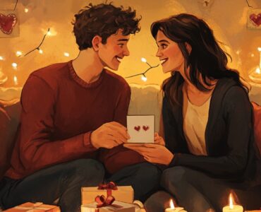 An intimate scene of a couple sitting together on a cozy couch, surrounded by candles and gift boxes, exchanging smiles and holding hands, with a Valentine’s Day card on the table in front of them.