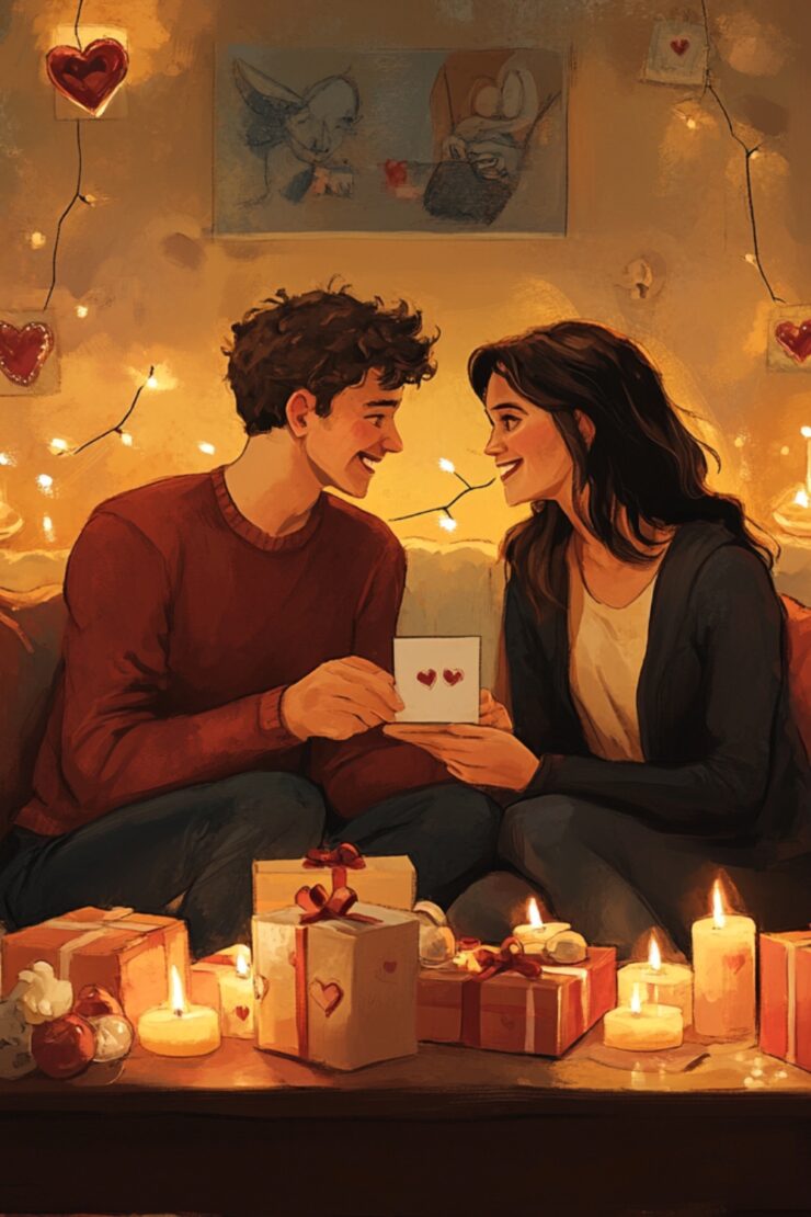 An intimate scene of a couple sitting together on a cozy couch, surrounded by candles and gift boxes, exchanging smiles and holding hands, with a Valentine’s Day card on the table in front of them.