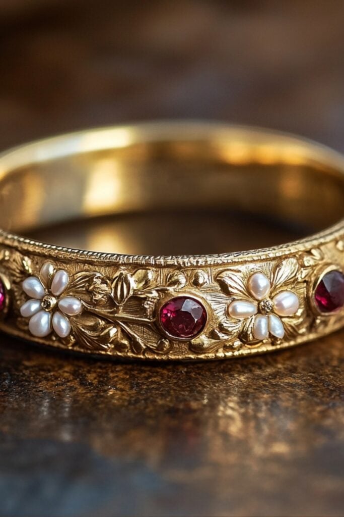 Romantic Victorian-era wedding band featuring floral motifs and warm gold tones, reflecting 19th-century sentimental artistry.