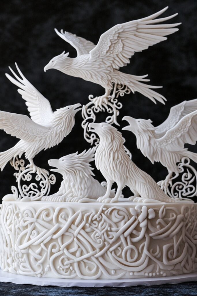 Viking animal symbolism cake toppers featuring intricately crafted ravens, wolves, and dragons, symbolizing wisdom, loyalty, and courage.