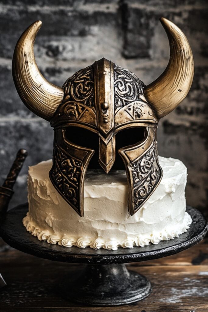 Bold Viking helmet and axe cake topper with realistic metallic finishes, adding a fierce and adventurous touch to a wedding cake.
