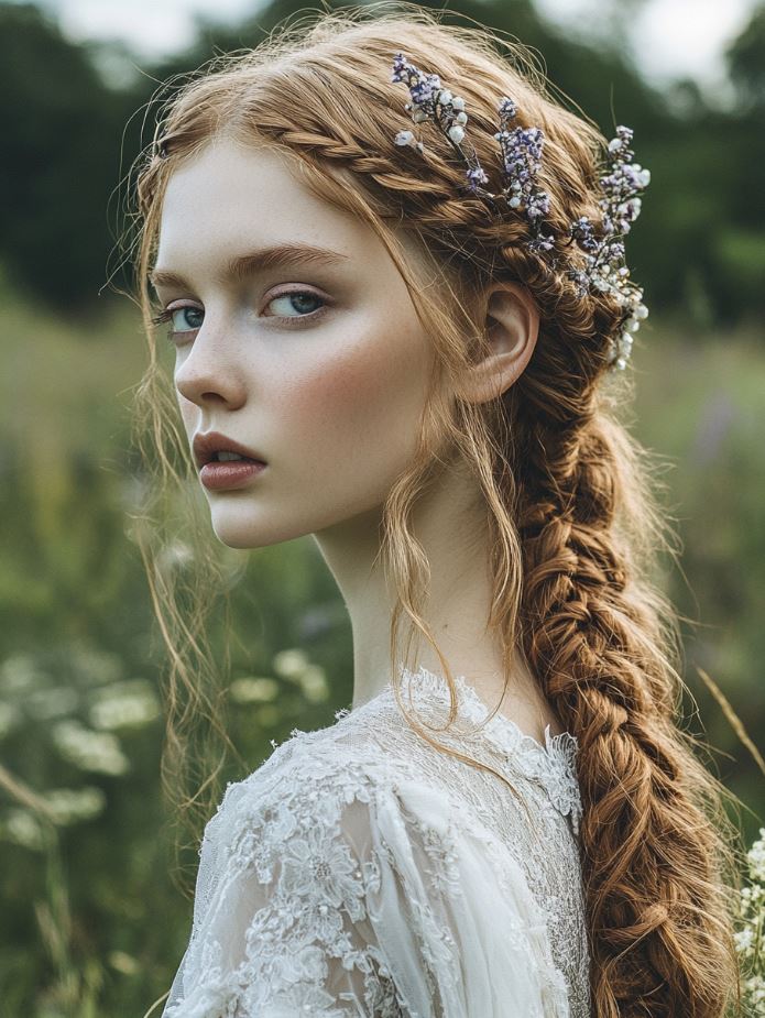 Loose waves combined with a braided halo, decorated with beads or flowers, creating a romantic and ethereal Viking-inspired bridal look that honors Nordic heritage.