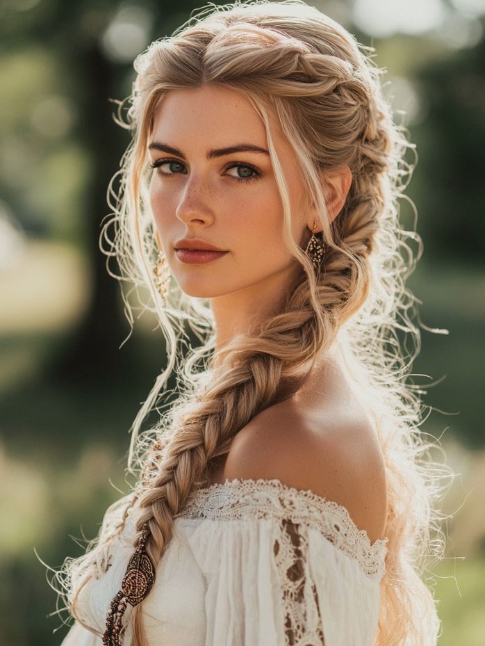 Elegant side-swept braids styled with loose waves or curls, accented with Viking-inspired accessories, offering a soft yet timeless Viking bridal hairstyle.