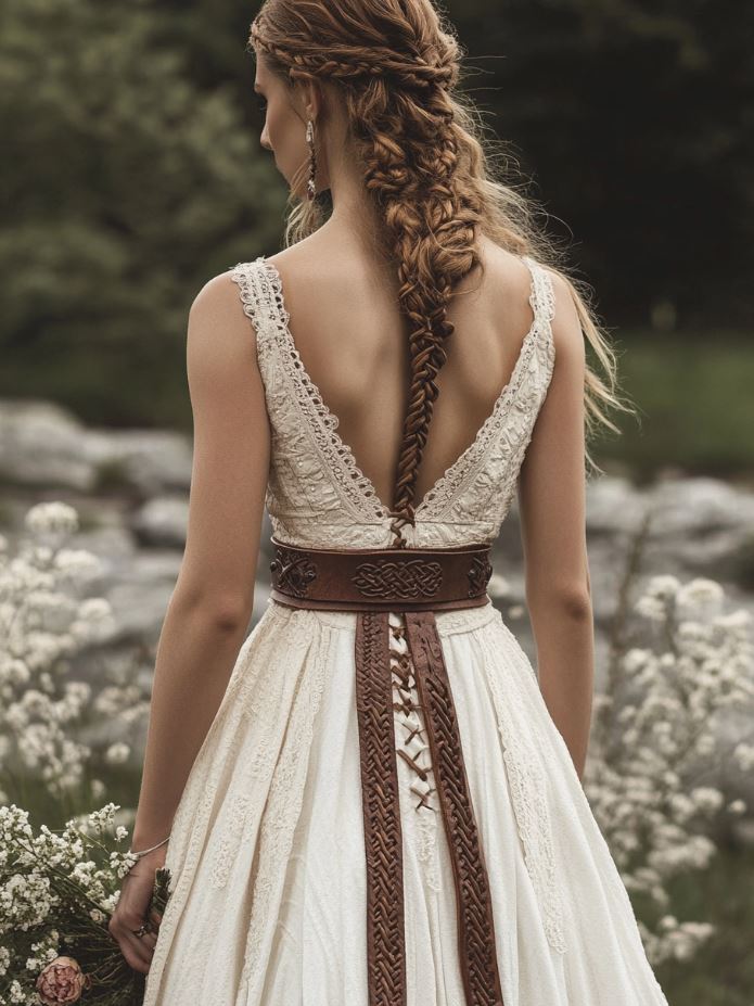 A Viking-inspired wedding dress featuring leather accents like braided belts, straps, and trims, blending rustic elements with bridal elegance for a bold yet refined look.