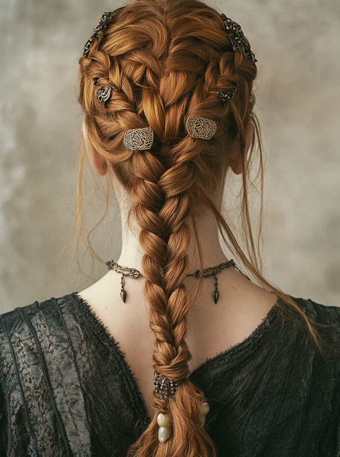 A bold Viking knot hairstyle featuring tightly braided sections wrapped into a knot, symbolizing unity and Viking tradition, with added metal or bead accessories.