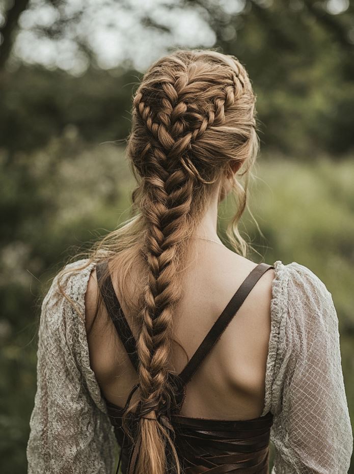 Traditional long braids secured with leather straps, creating a rugged yet beautiful Viking-inspired bridal hairstyle with a connection to nature and Nordic traditions.