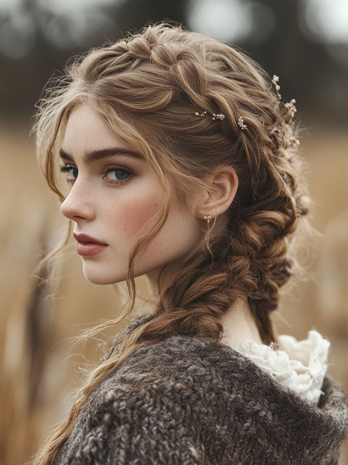 A relaxed, messy braided updo that exudes the rugged beauty of Viking heritage, featuring loose braids and subtle embellishments for a carefree yet elegant bridal look.