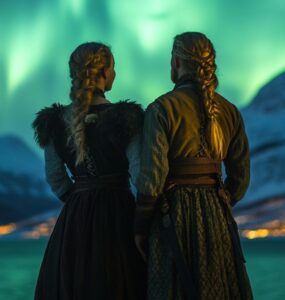 Couple in traditional Viking attire standing under the ethereal glow of the Northern Lights, symbolizing love, adventure, and Norse mythology.