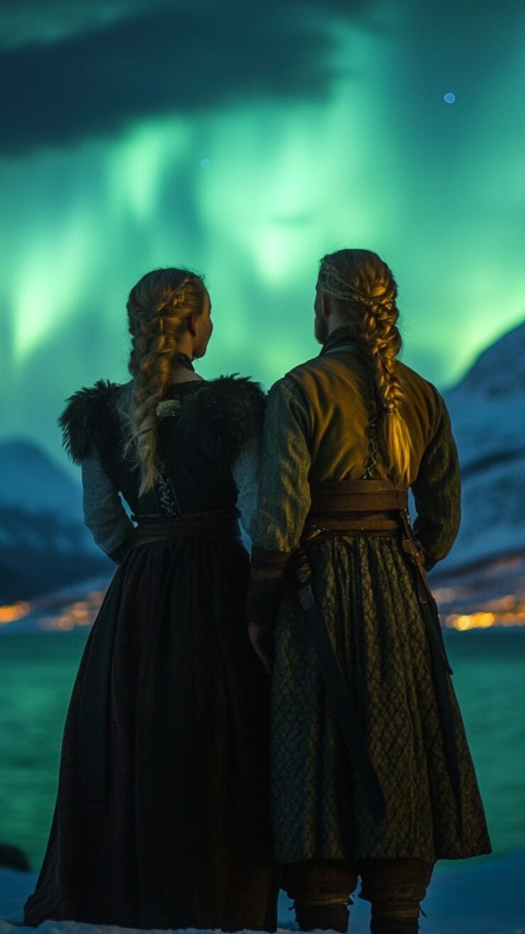 Couple in traditional Viking attire standing under the ethereal glow of the Northern Lights, symbolizing love, adventure, and Norse mythology.