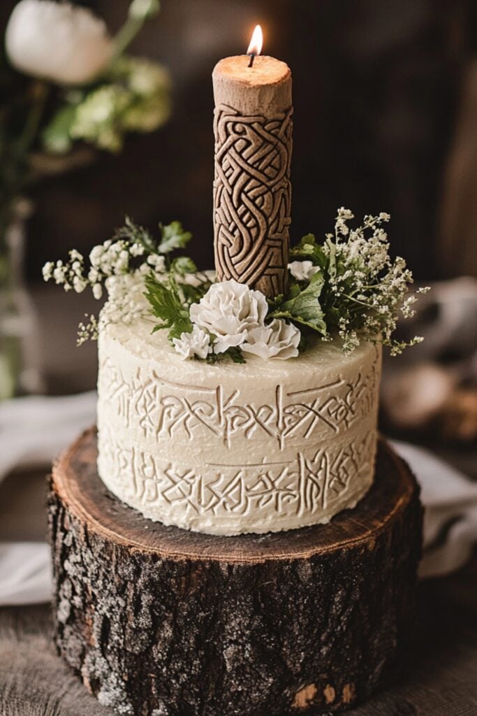 A Viking saga-inspired scroll cake topper featuring engraved runes and Norse motifs, personalized with wedding details, for a storytelling touch.
